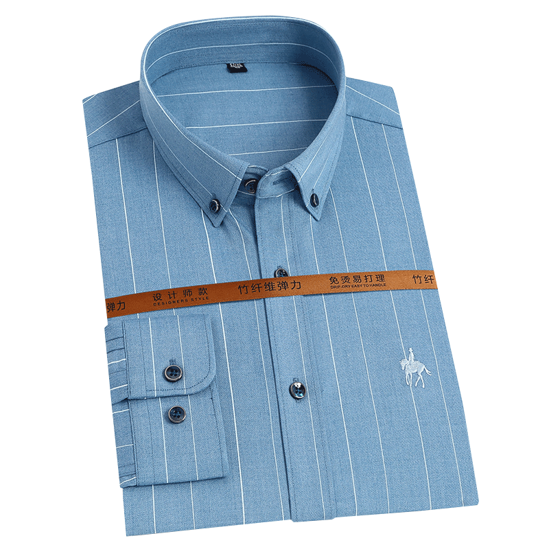 Men&#39;s Striped Soft Bamboo-fiber Anti-Wrinkle Dress Shirt Pocket-less Design Long Sleeve Standard-fit Casual Versatile Shirts  -  GeraldBlack.com