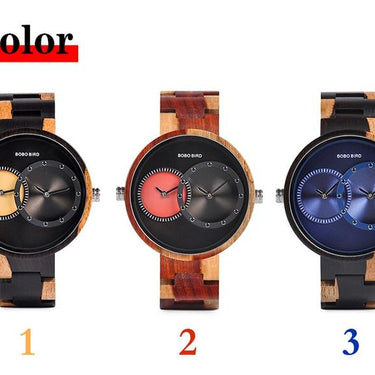 Men and Women 2 Time Zone Design Round Case Wooden Quartz Watches Gift - SolaceConnect.com