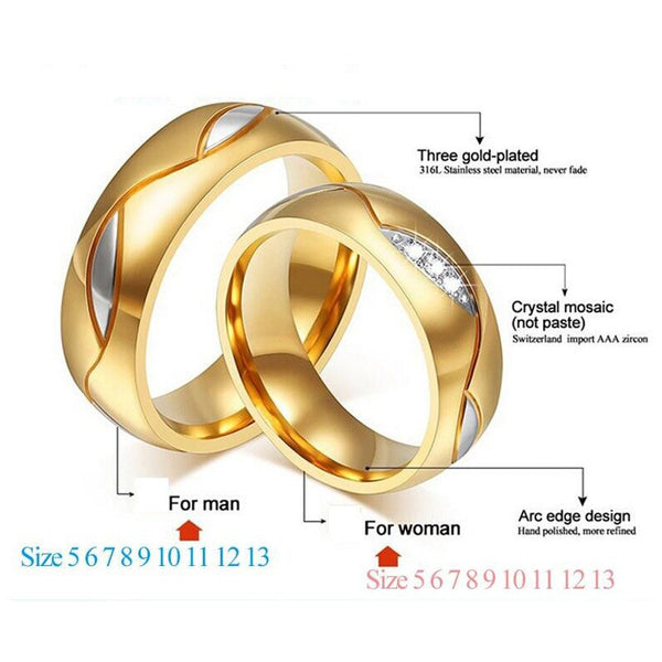Men and Women Gold Color Stainless Steel Zircon Stone Wedding Ring  -  GeraldBlack.com