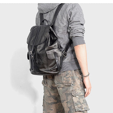 Men Black Cowhide Leather Vintage College Wind Soft Laptop Shoulder Travel Backpacks  -  GeraldBlack.com