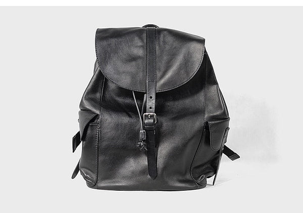 Men Black Cowhide Leather Vintage College Wind Soft Laptop Shoulder Travel Backpacks  -  GeraldBlack.com