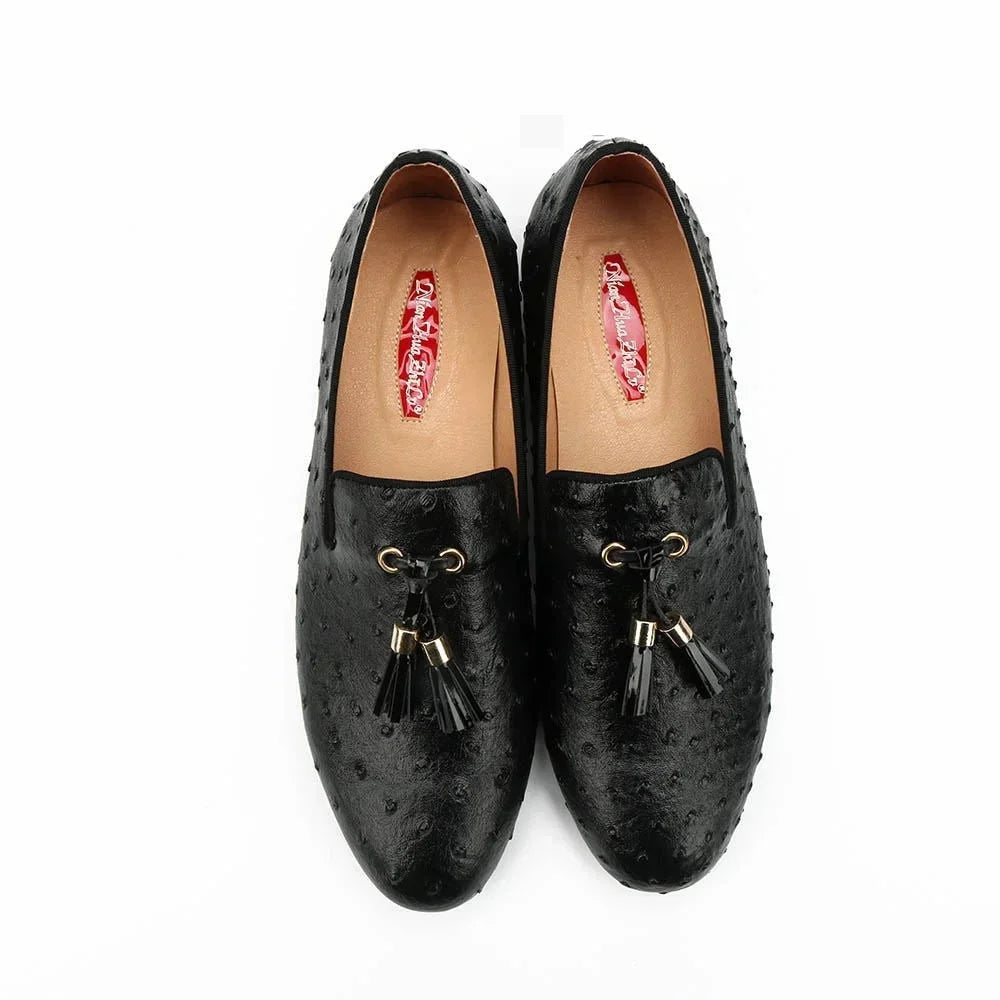 Men Black Ostrich Leather Casual Golden Tassel Luxury Loafers Shoes  -  GeraldBlack.com