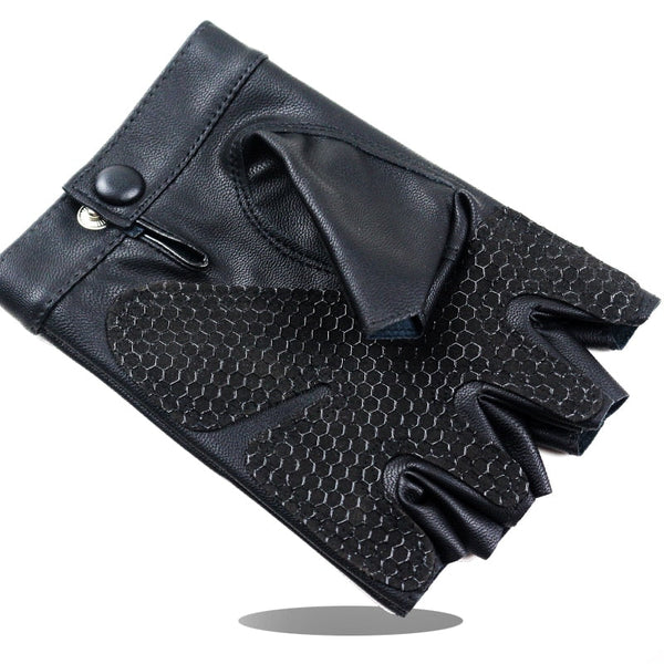 Men Black PU Leather Half Finger Gloves Solid Button Non-slip Half Finger Glove Driving Sports Punk  -  GeraldBlack.com