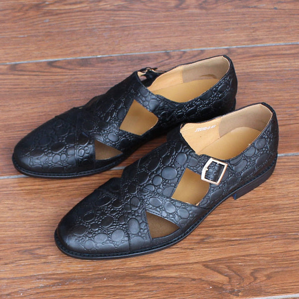 Men Buckle Strap Soft Handmade Hollow Out Genuine Cow Leather Breathable Summer Dress Shoes  -  GeraldBlack.com
