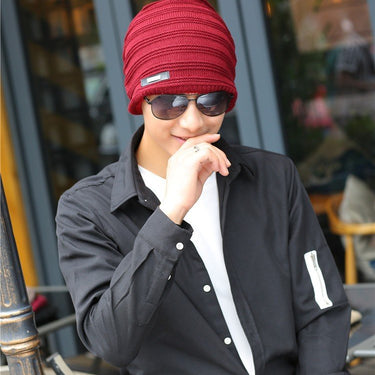 Men Cold Winter Knitted Korean Velvet Warm Striped Wool Cap - SolaceConnect.com