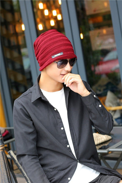 Men Cold Winter Knitted Korean Velvet Warm Striped Wool Cap - SolaceConnect.com