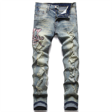 Men European American Style Fashion Hipster Ripped Slim Stretch Embroidered Cobra Jeans  -  GeraldBlack.com