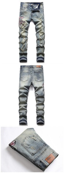Men European American Style Fashion Hipster Ripped Slim Stretch Embroidered Cobra Jeans  -  GeraldBlack.com