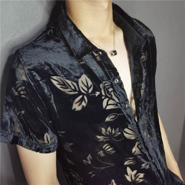 Men Fashion Sexy Leaf Flower Fashion Transparent Black Shirt Casual Nightclub Shirt See Through Stylish Shirts  -  GeraldBlack.com