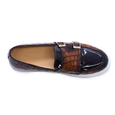 Men Genuine Leather Double Buckles Monk Strap Slip on Alligator Print Mixed Color Office Casual Shoes  -  GeraldBlack.com