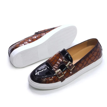 Men Genuine Leather Double Buckles Monk Strap Slip on Alligator Print Mixed Color Office Casual Shoes  -  GeraldBlack.com