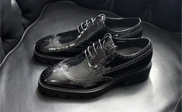 Men Genuine Leather Thick Lace Up Platform Brogue Derby Shoes - SolaceConnect.com