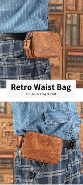 Men Genuine Leather Waist Bag Cellphone Belt Loop Holster Case Travel Waist Pack Cigarette Phone  -  GeraldBlack.com