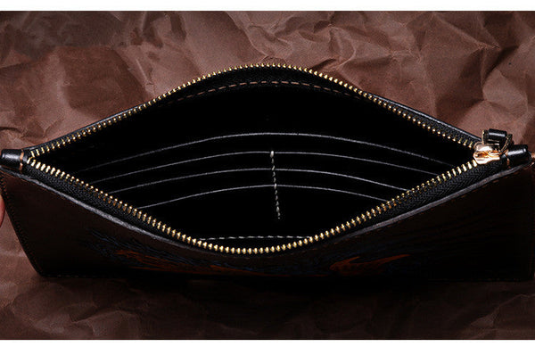 Men Handmade Carvings Fish Vegetable Tanned Leather Money Holder Wallet  -  GeraldBlack.com