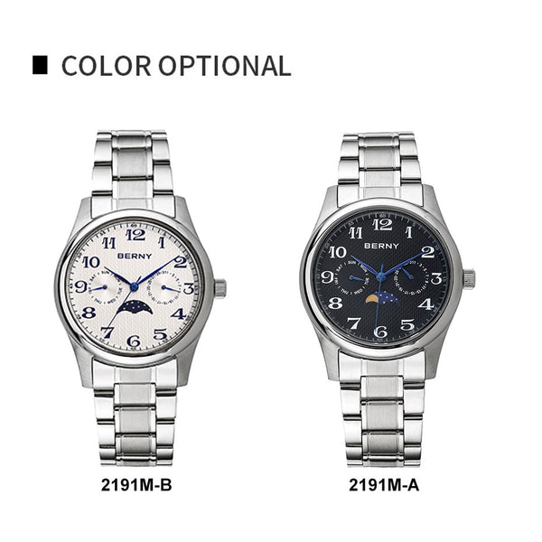 Men Japan Quartz Movement Chronograph Moon Phase Date and Day Stainless Steel Case Waterpoof Gift Business  -  GeraldBlack.com