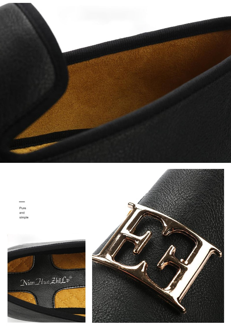 Men Leather Big Size Black Color Fashion Design Bright Face Buckle and Gold Metal Toe Driving Loafers Shoes  -  GeraldBlack.com