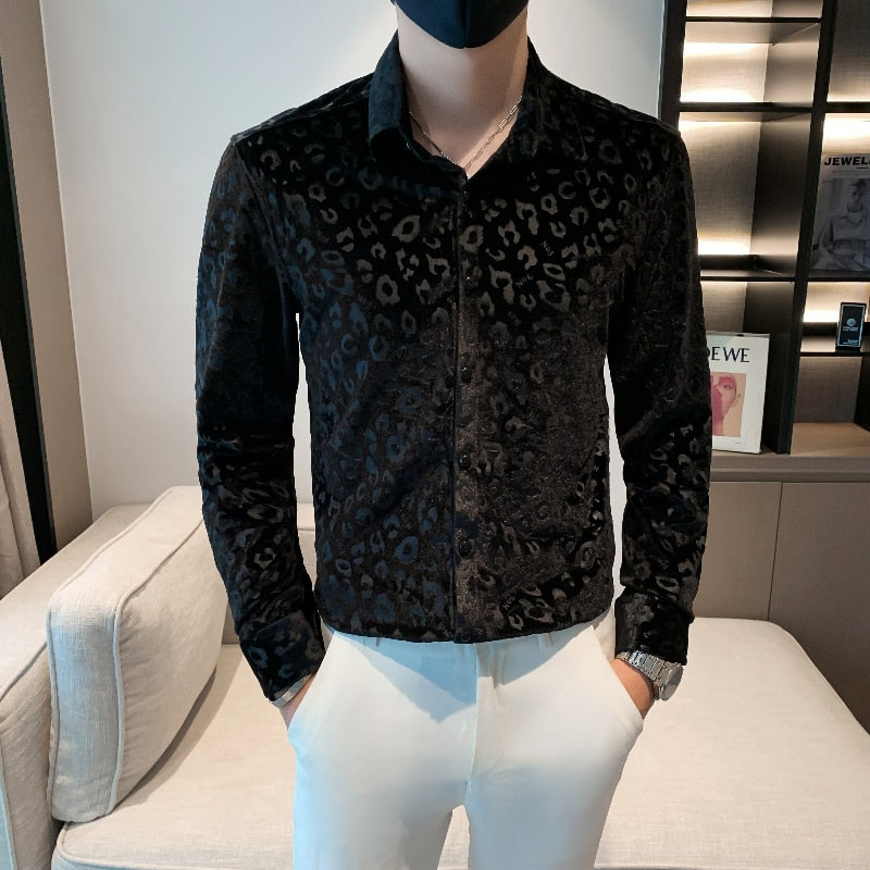 Leopard Homme Men's Velvet Leopard Print Casual Streetwear Nightclub Long Sleeve Shi ...