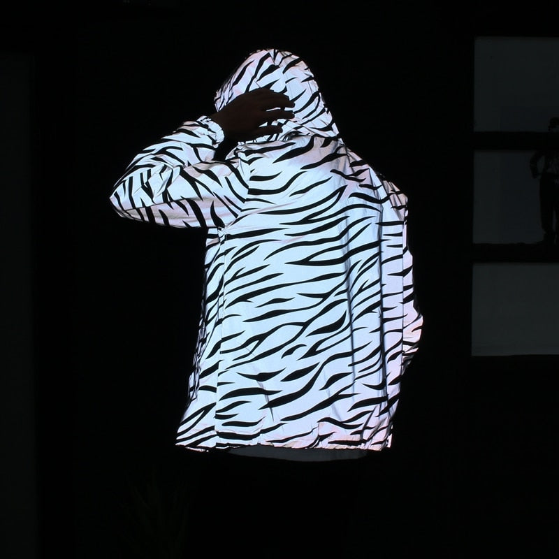 Men Leopard zebra reflective Night shining Hooded Windbreaker Jacket hip hop Streetwear harajuku waterproof Hoodie Coats  -  GeraldBlack.com