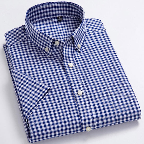 Men's 100% Cotton Plaid Striped Short Sleeve Shirt Single Patch Pocket Button-down Holiday Youthful Casual Checkered Thin Shirts  -  GeraldBlack.com