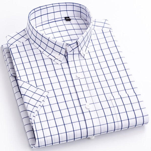 Men's 100% Cotton Plaid Striped Short Sleeve Shirt Single Patch Pocket Button-down Holiday Youthful Casual Checkered Thin Shirts  -  GeraldBlack.com