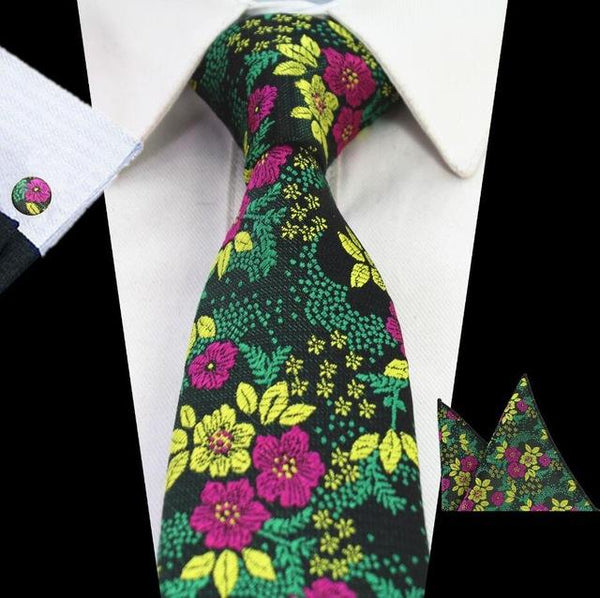 Men's 100% Silk Jacquard Floral Necktie Handkerchief Cufflinks for Wedding - SolaceConnect.com