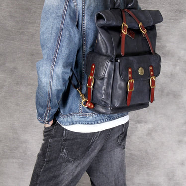 Men's 14 Inch Retro Lock Vegetable Tanned Leather Shoulder Backpacks  -  GeraldBlack.com