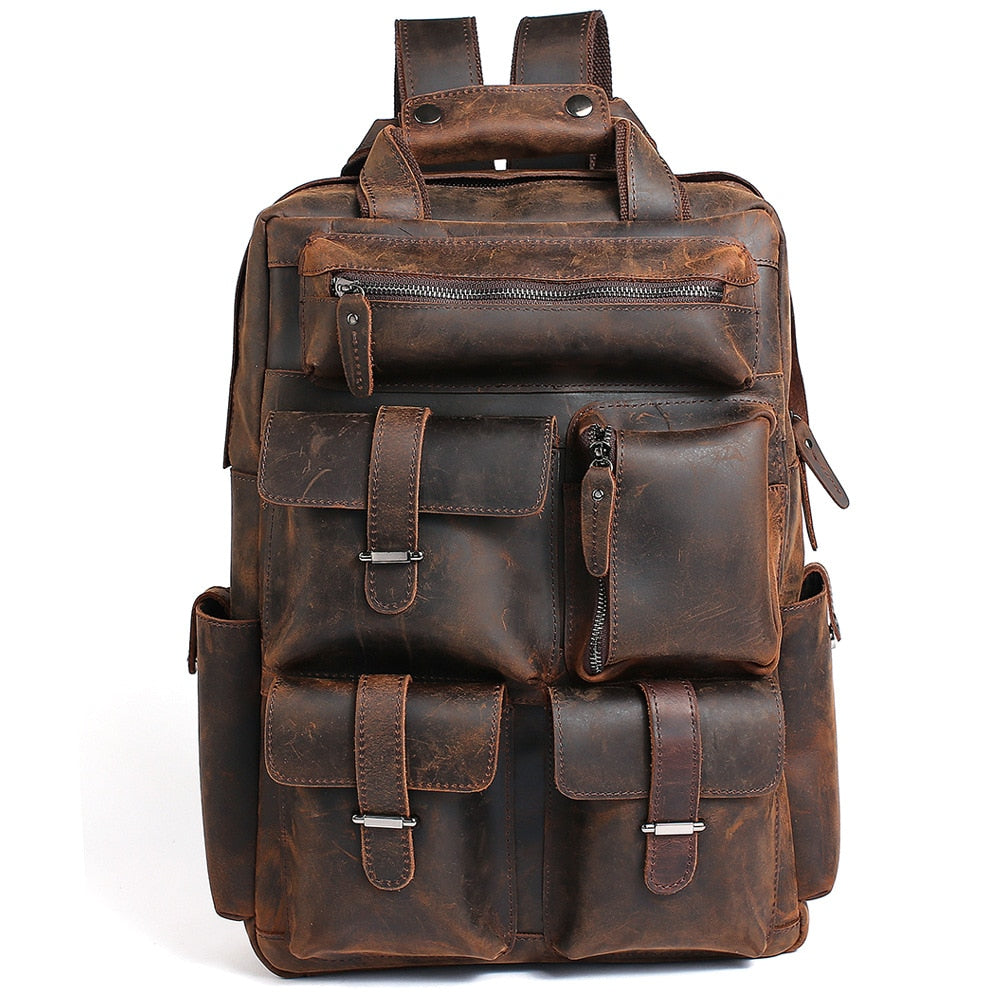 Men's 15.6 Inch Crazy Horse Leather Large Capacity Outdoor Backpack  -  GeraldBlack.com