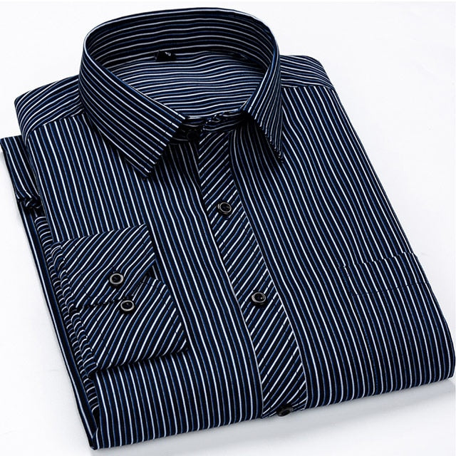 Men's 2105 Classic Standard-fit Plaid striped Office Dress Shirt Single Patch Pocket Long Sleeve Formal Business Basic Shirts  -  GeraldBlack.com