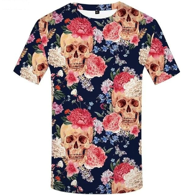 Men's 3D Skull Print Funny Flower Hip Hop T-Shirts with O-Neck - SolaceConnect.com