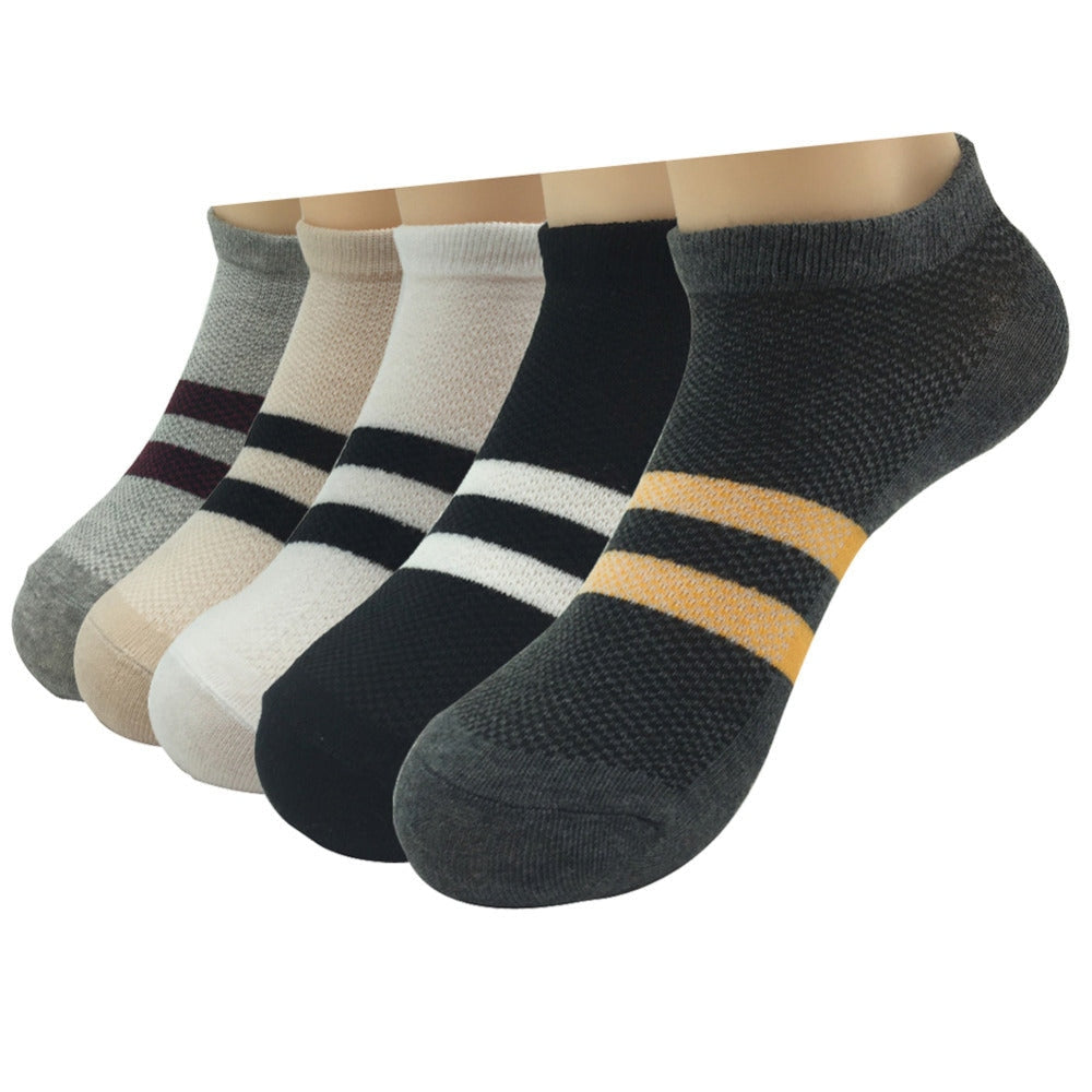 Men's 5 Pairs Lot Combed Cotton Two Stripes Solid Color Ankle Socks  -  GeraldBlack.com