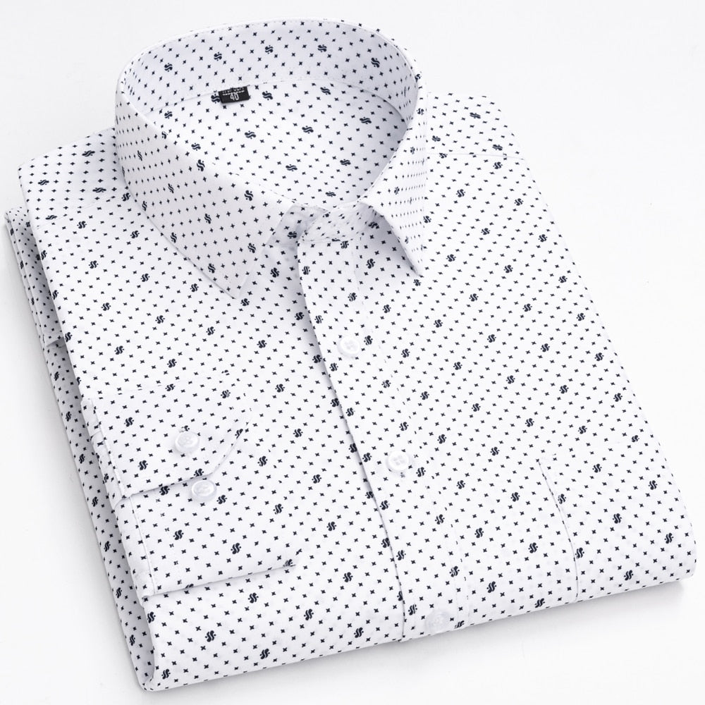 Men's 65-08 Classic Long Sleeve Print striped Basic Dress Shirts Single Patch Pocket 65% Cotton  -  GeraldBlack.com