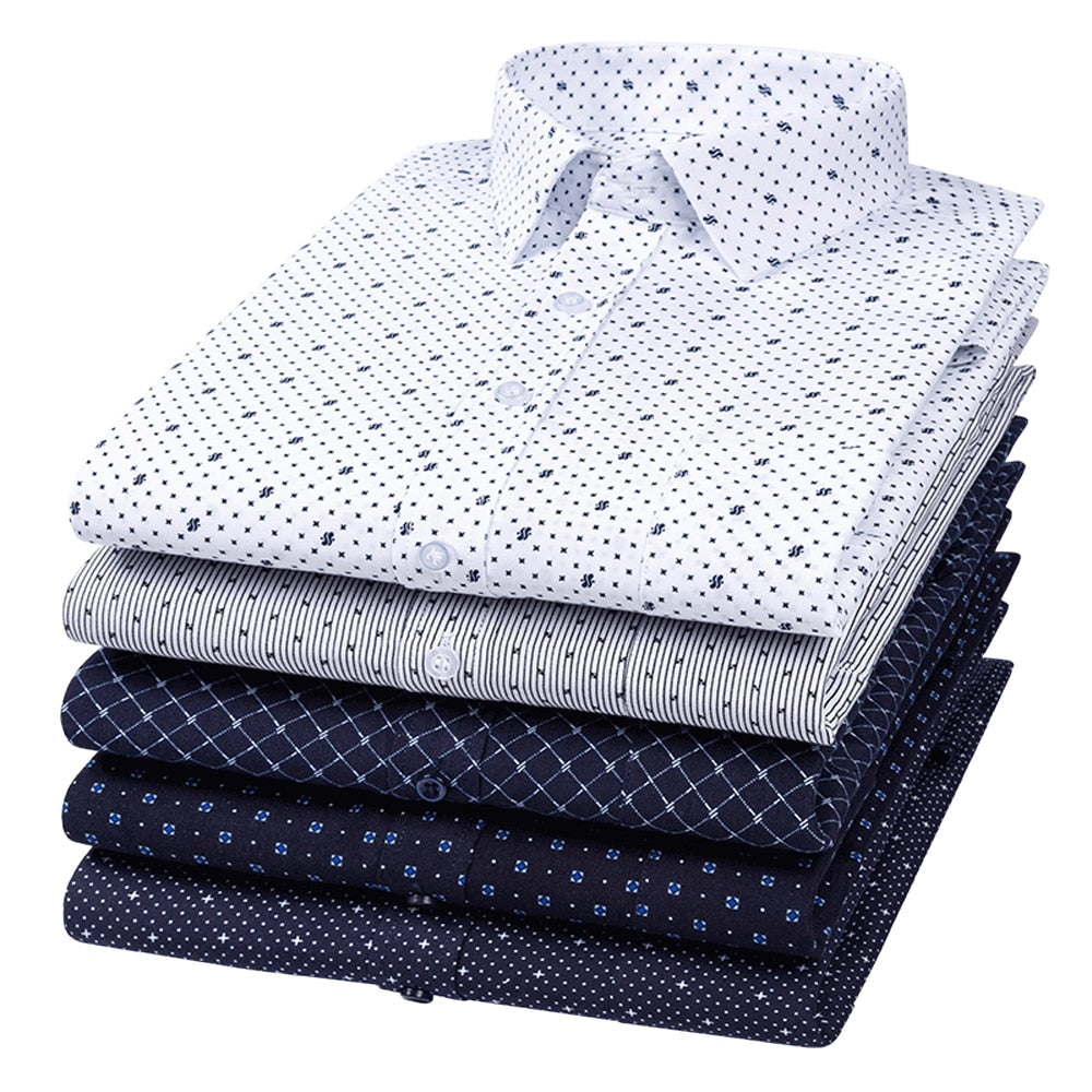 Men's 65-11 Classic Long Sleeve Print striped Basic Dress Shirts Single Patch Pocket 65% Cotton  -  GeraldBlack.com