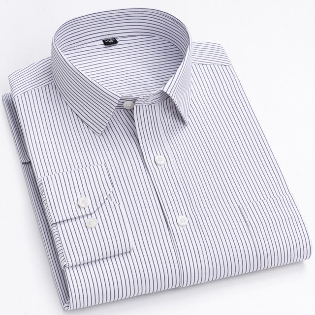 Men's 65-20 Classic Long Sleeve Print striped Basic Dress Shirts Single Patch Pocket 65% Cotton  -  GeraldBlack.com