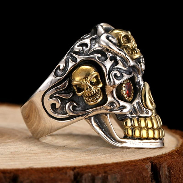 Men's 925 Sterling Silver Punk Red Cubic Zirconia Gothic Skull Silver Ring - SolaceConnect.com