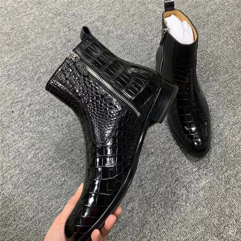 Men's Authentic Crocodile Belly Skin Round Toe Hand Stitched Chelsea Boots  -  GeraldBlack.com