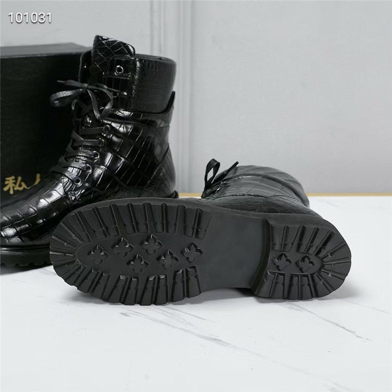 Men's Authentic Genuine Crocodile Skin Wool Lining Lace-up Short Boots  -  GeraldBlack.com