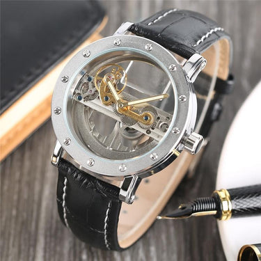 Men's Automatic Black Leather Wristwatch with Transparent Skeleton Design - SolaceConnect.com