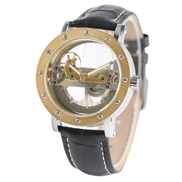 Men's Automatic Black Leather Wristwatch with Transparent Skeleton Design - SolaceConnect.com