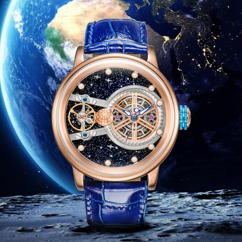 Men's automatic mechanical waterproof luminous hollowed big large dial wristwatch leather watch  -  GeraldBlack.com