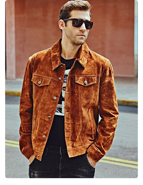 Men's Autumn Denim Pigskin Brown Real Leather Full Sleeve Jackets - SolaceConnect.com