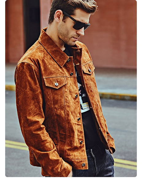 Men's Autumn Denim Pigskin Brown Real Leather Full Sleeve Jackets - SolaceConnect.com