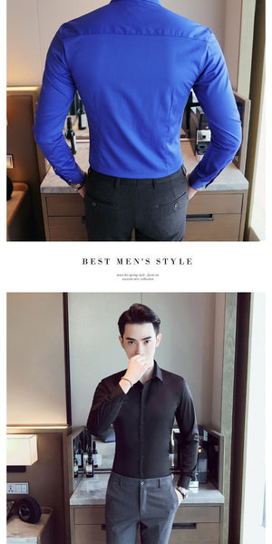Men's Big Size Elastic Long Sleeves Slim Fit Business Work Shirt - SolaceConnect.com