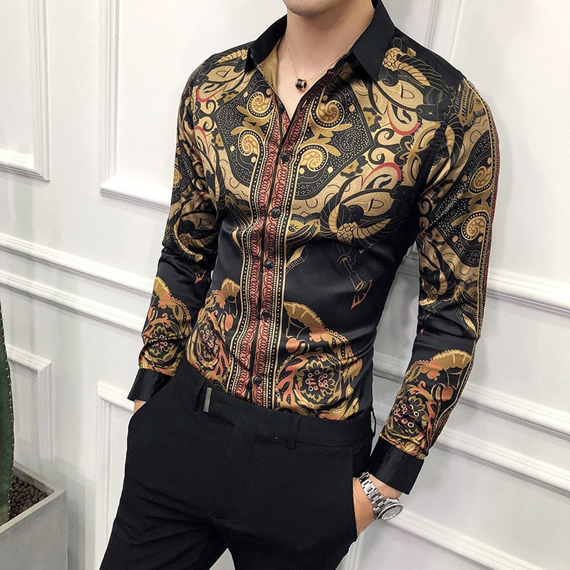 Men's Black Designer Luxury Print Clothing Floral Slim Long Sleeve Shirt  -  GeraldBlack.com