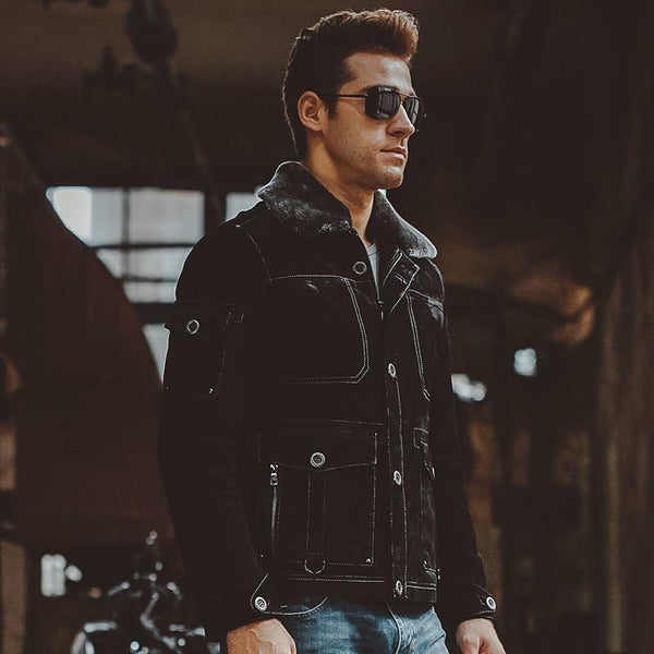 Men's Black Genuine Pigskin Leather Motorcycle Jackets with Fur Collar - SolaceConnect.com