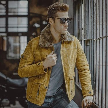 Men's Black Genuine Pigskin Leather Motorcycle Jackets with Fur Collar - SolaceConnect.com