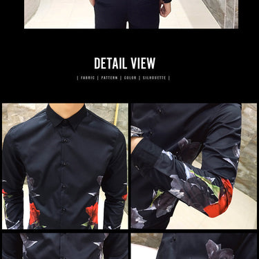 Men's Black Luxury Print Clothing Designer Floral Slim Long Sleeve Shirt  -  GeraldBlack.com