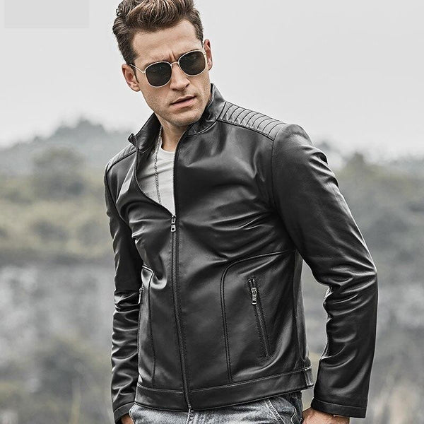 Men's Black Real Lambskin Leather Motorcycle Jacket with Standing Collar - SolaceConnect.com