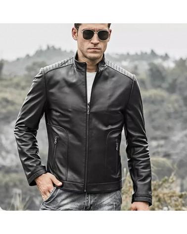Men's Black Real Lambskin Leather Motorcycle Jacket with Standing Collar - SolaceConnect.com