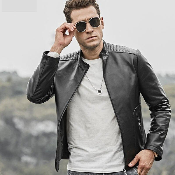 Men's Black Real Lambskin Leather Motorcycle Jacket with Standing Collar  -  GeraldBlack.com