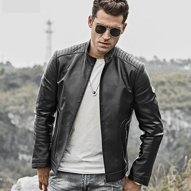 Men's Black Real Lambskin Leather Motorcycle Jacket with Standing Collar  -  GeraldBlack.com